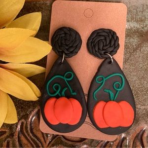 Lightweight Black Polymer Clay Fall Pumpkin Earrings with spiral studs
